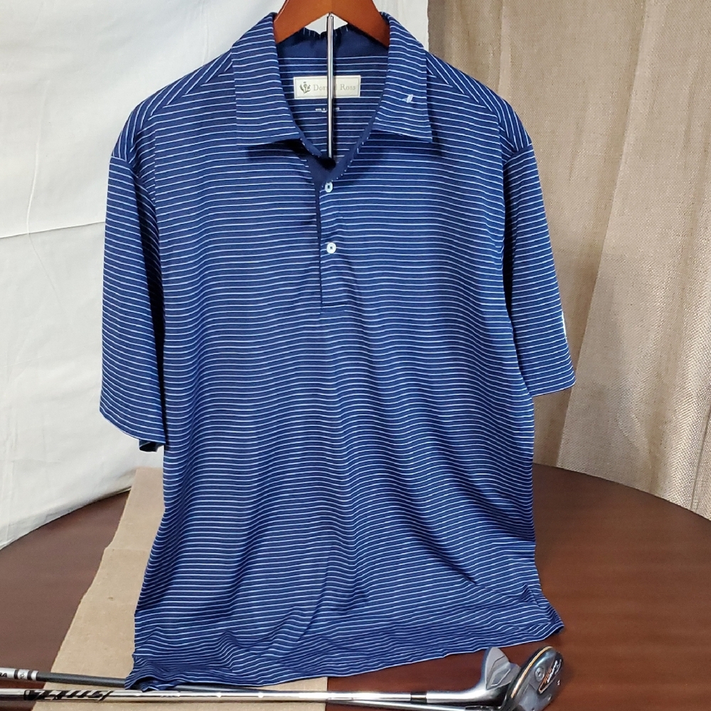 Donald Ross NWOT Striped Navy Golf Polo UPF 50 Moisture Wicking EFCC Size Large